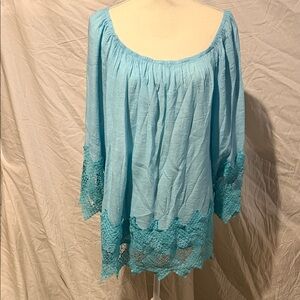Women's Aqua Crochet-Hem Peasant Tunic